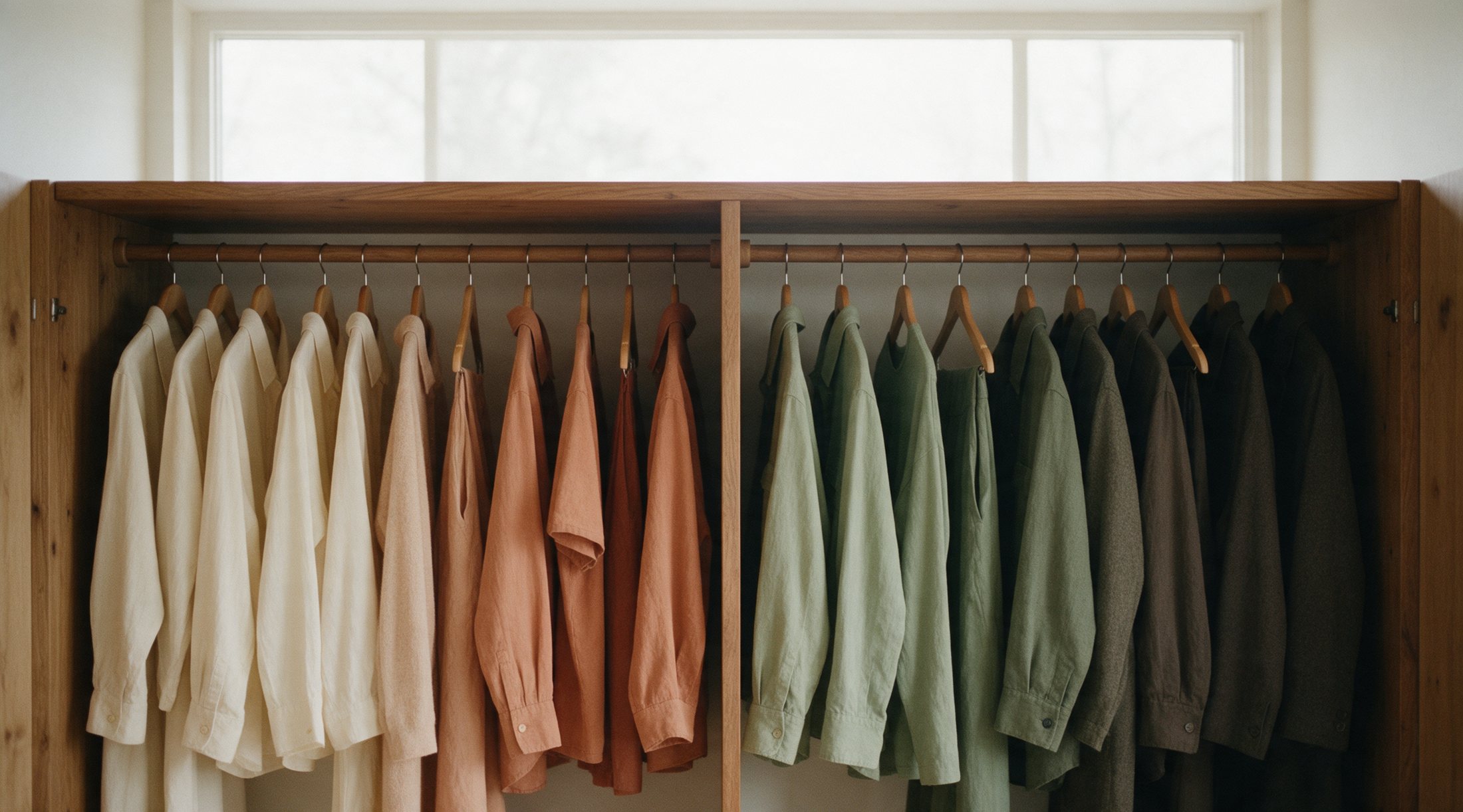 A perfectly organized, colour-coordinated closet rail running from cream through terracotta to sage and charcoal