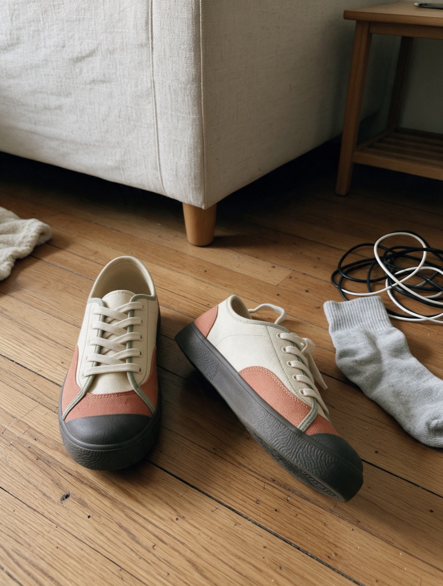 Canvas sneakers kicked off on a cluttered floor, shot like a quick phone photo