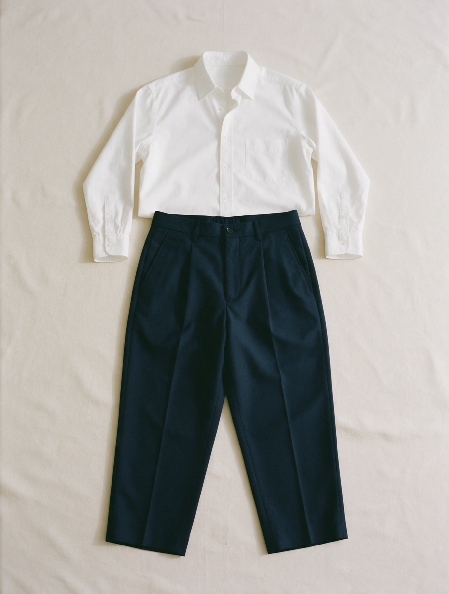 White shirt and navy trousers