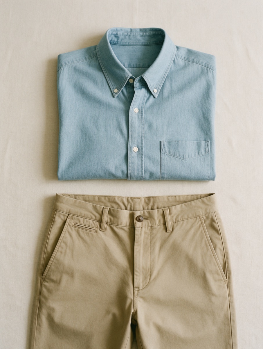Blue chambray shirt and khaki trousers