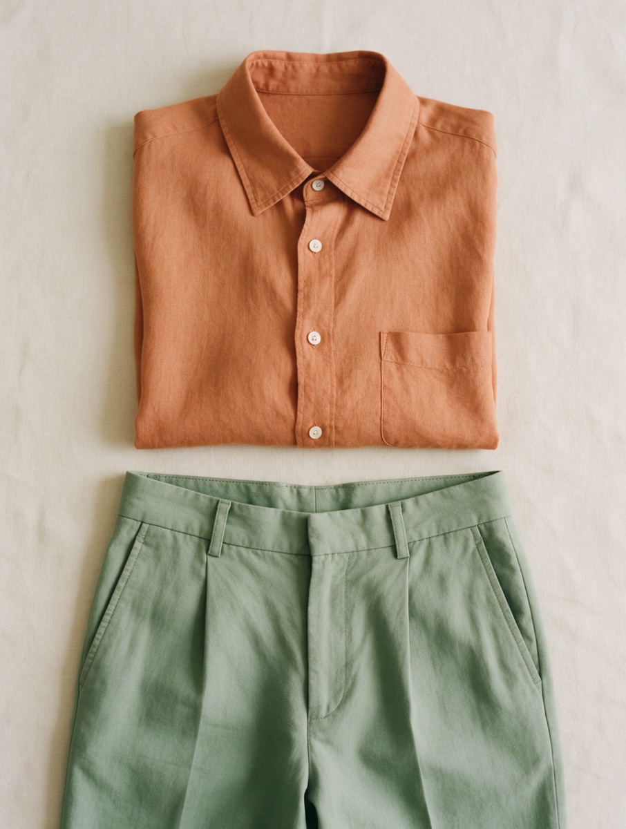Terracotta shirt and sage trousers